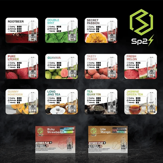 SP2S 思博瑞官方正品煙彈系列，展示多種口味包裝與陶瓷芯霧化技術標誌，用於官網產品目錄與正品辨識說明。